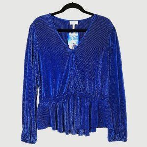 JESSICA SIMPSON Blue Pleated Ribbed Peplum Top L